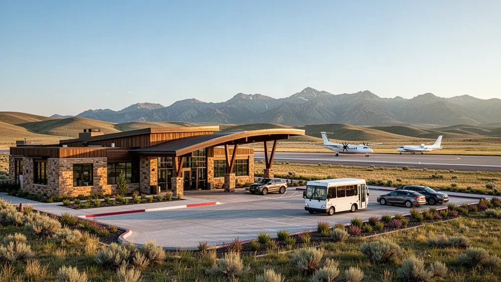 Modern glass-and-timber terminal exterior at Sheridan County Airport in Wyoming, with the Bighorn Mountains at golden hour