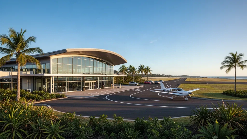 Moderno terminal in vetro e pista dell'aeroporto di Southport nel Queensland, Australia, con piccoli aerei sotto un cielo azzurro e terso.
