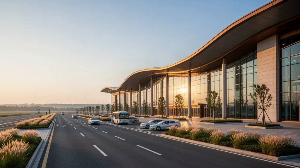 Terminal vitré au design arrondi et voie de dépose-minute devant l'aéroport de Jingzhou Shashi dans le Hubei, en Chine, baignés d'une lumière dorée chaleureuse.