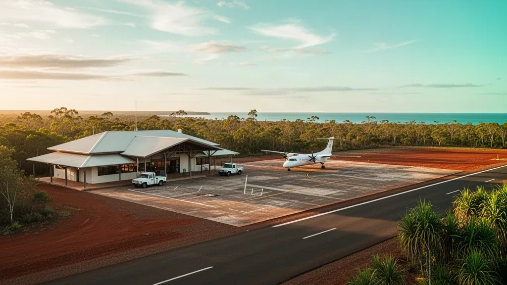 Kleines regionales Terminal und Vorfeld am Smith Point Airport auf Groote Eylandt, Northern Territory, in warmem tropischem Nachmittagslicht