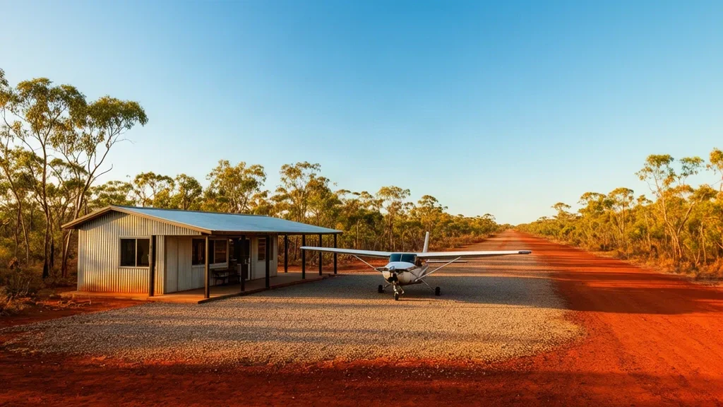 Pequeño edificio de terminal remota en el Aeropuerto de Smith Point en el Territorio del Norte de Australia, con una pista de tierra y sabana tropical bajo un cielo despejado.