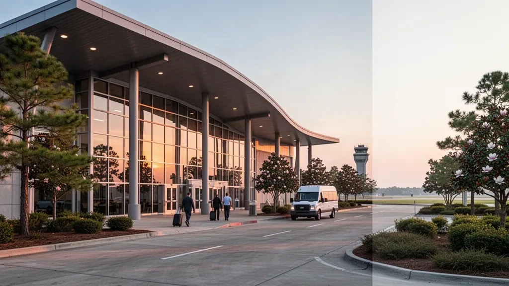 Esterno moderno del terminal in vetro e corsie di sosta al marciapiede all'Aeroporto Shreveport Regional che brillano nell'ora d'oro