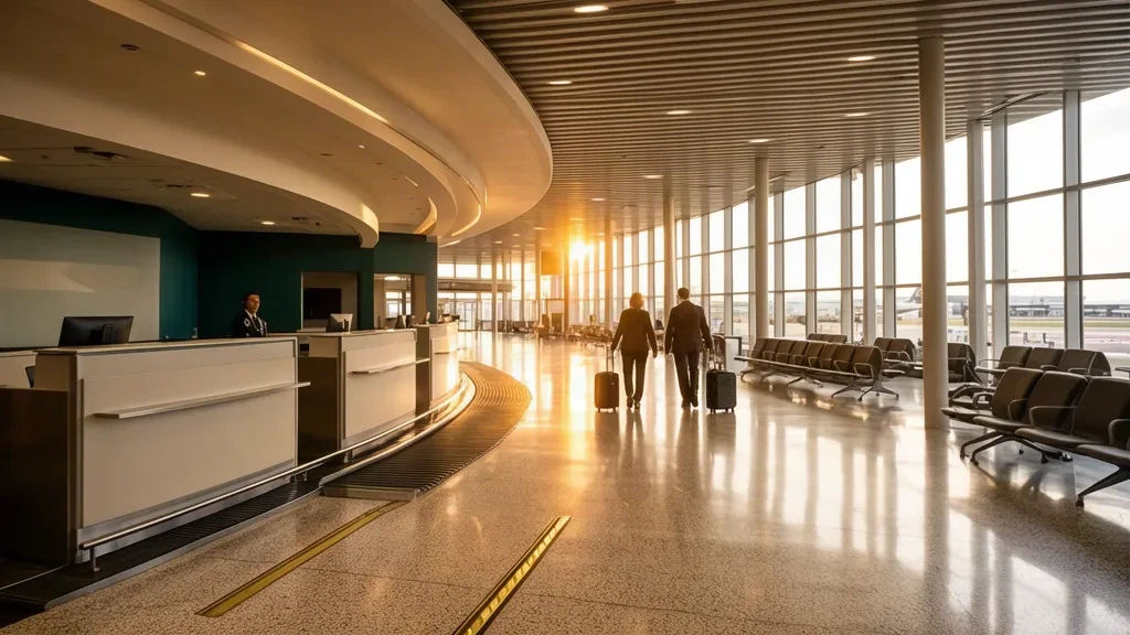 Sala check-in luminosa e atrio all'interno dell'Aeroporto Shreveport Regional in Louisiana, con pavimenti in terrazzo, posti a sedere e grandi finestre