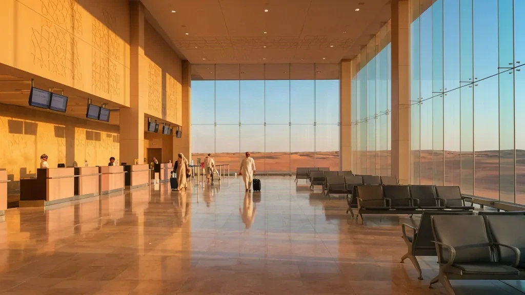 Modern departure hall inside Sharurah Domestic Airport in Saudi Arabia, with desert views and warm natural light.