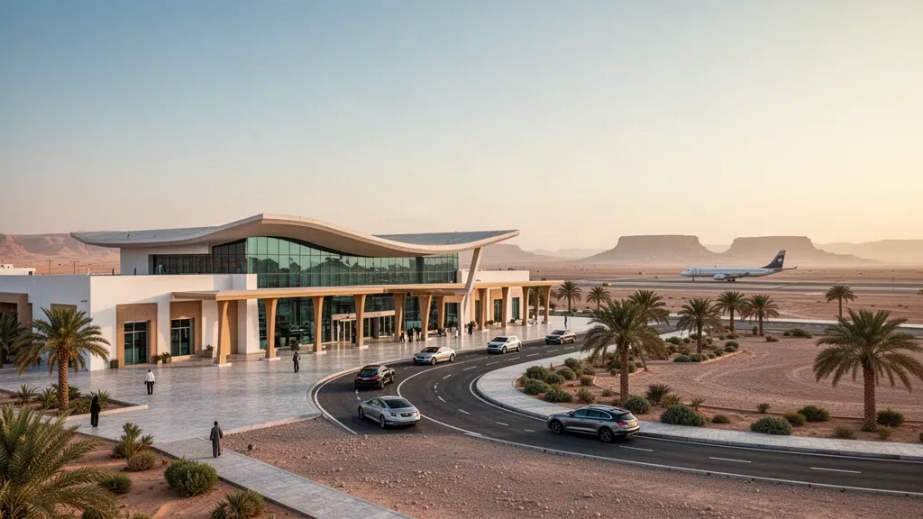 Esterno moderno di un terminal bianco e corsia di scarico all'Aeroporto Nazionale di Sharurah nel deserto saudita durante l'ora d'oro.