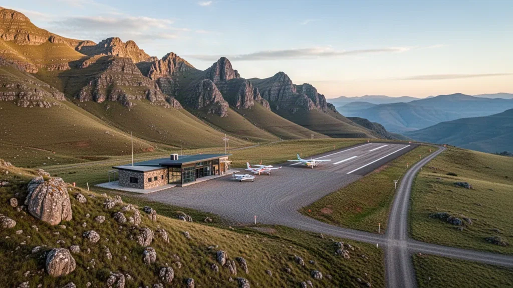 Weitblick auf den Flughafen Seshutes im Hochland von Lesotho mit kleiner Berglandebahn, abgestellten Flugzeugen und Licht zur goldenen Stunde.
