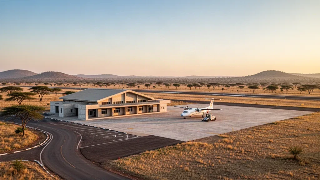 Edificio terminal bajo y plataforma tranquila en el aeropuerto de Shinyanga, en Tanzania, enmarcados por árboles de sabana seca con la cálida luz del final de la tarde.