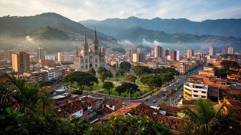 Vista panorámica de Bucaramanga, Santander, Colombia, con su catedral y las crestas andinas a la hora dorada