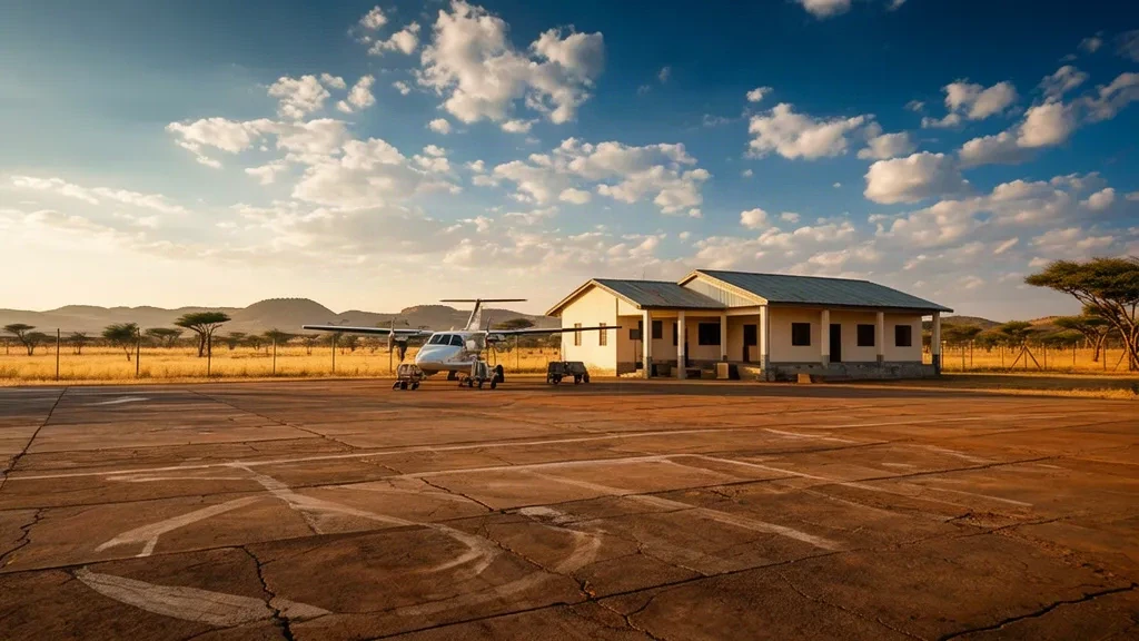 Piccolo edificio terminal regionale e piazzale per aeromobili leggeri all'aeroporto di Shinyanga in Tanzania, circondati dalla savana secca nella luce del tardo pomeriggio.