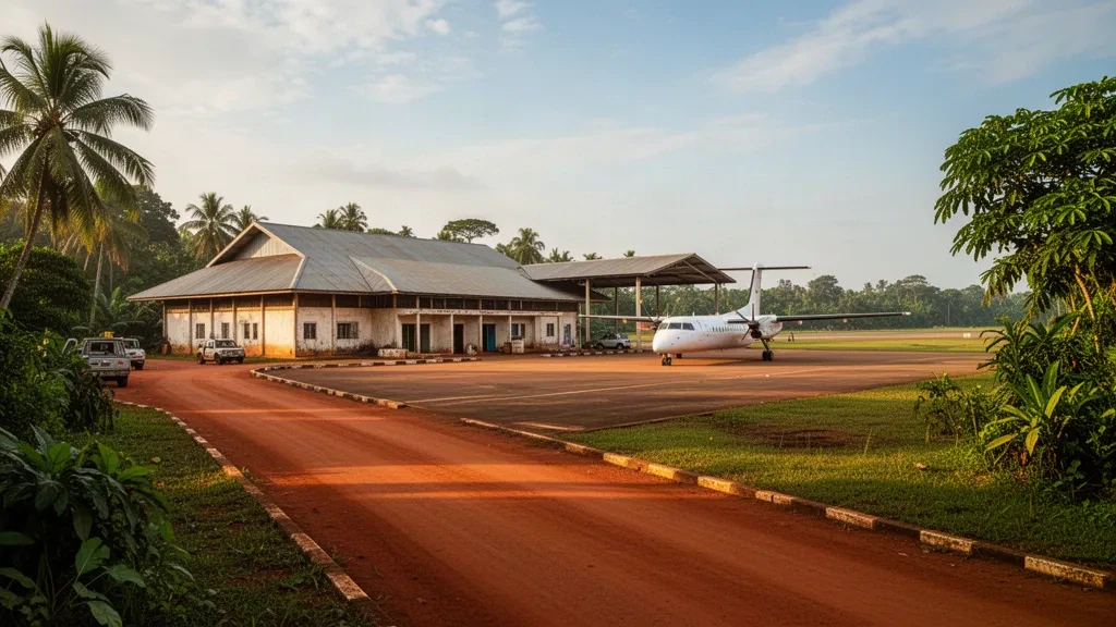 Kleines regionales Terminal und Vorfeld am Flughafen Sibiti in der Republik Kongo, umrahmt von üppigem tropischem Grün im warmen Licht des späten Nachmittags.