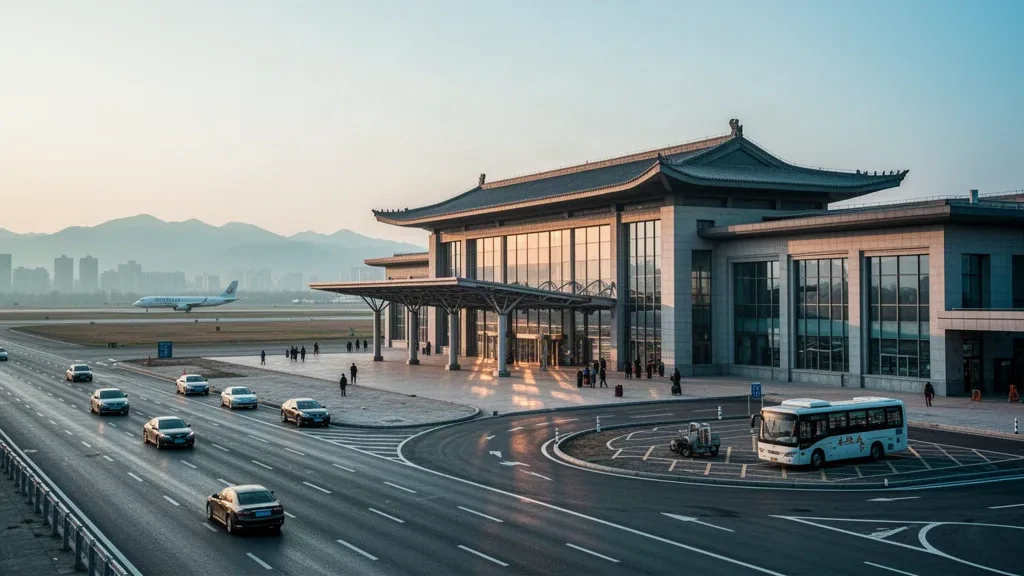 Terminal et route de dépose de l'aéroport de Xi'an Xiguan dans le Shaanxi, en Chine, photographiés à l'heure dorée avec une façade moderne et calme et une piste d'atterrissage au loin