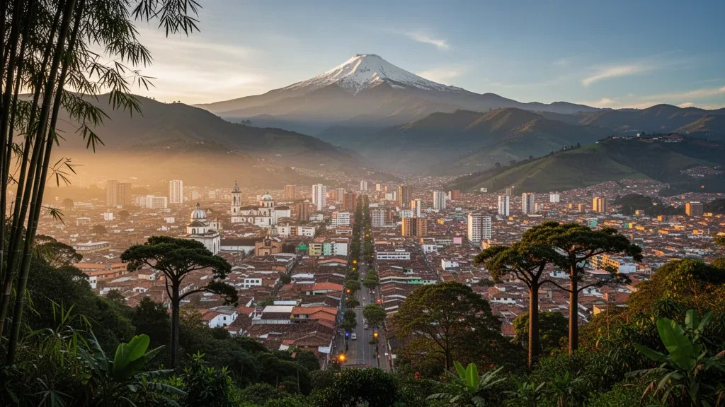 Ibagué, Tolima, Kolombiya'nın altın saatlerde panoramik görünümü, And şehrinin arkasında karla kaplı Nevado del Tolima yanardağı yükseliyor