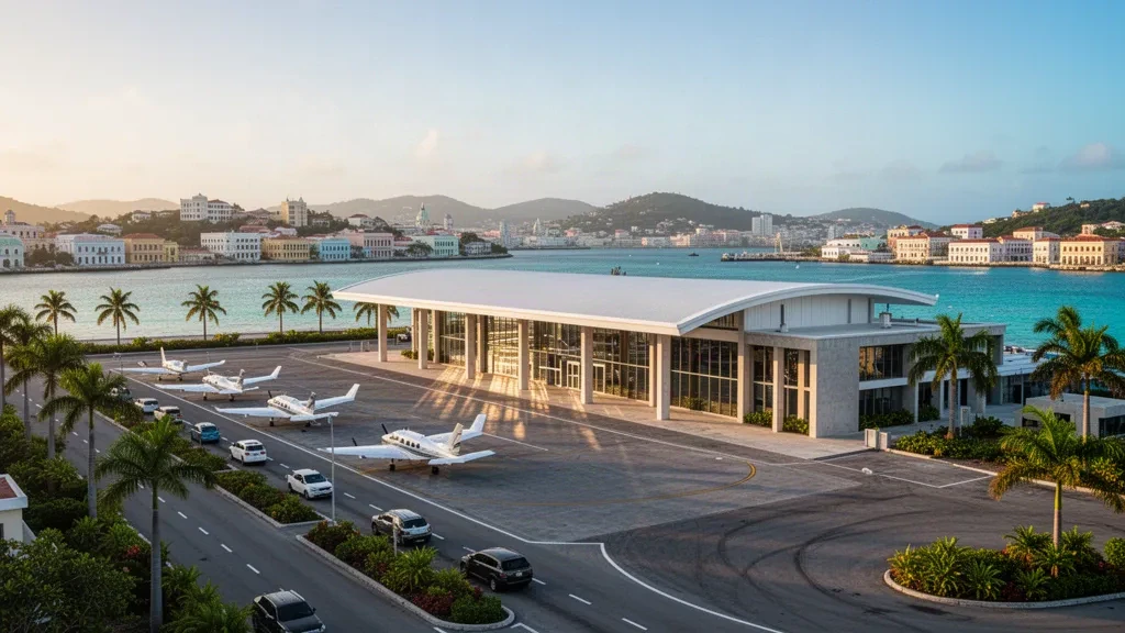 Golden hour view of the modern terminal and palm-lined apron at Fernando Luis Ribas Dominicci Airport in San Juan, Puerto Rico.