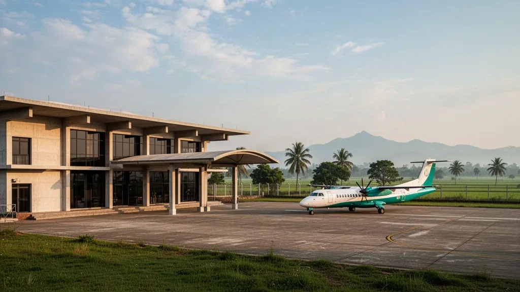 Modern terminal and parked turboprop aircraft at Simara Airport on the flat plains near Birgunj, Nepal, in warm afternoon light
