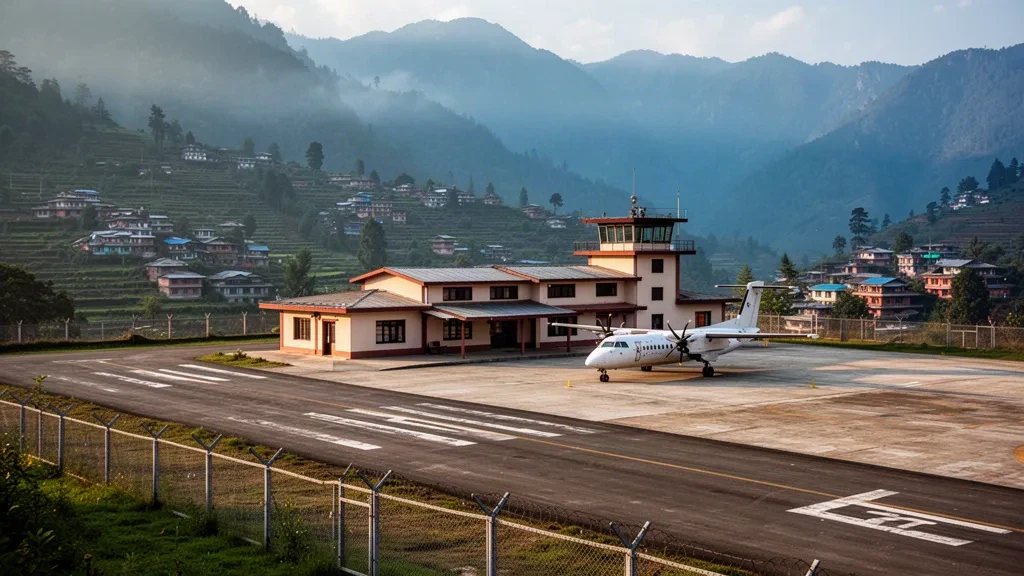 Small terminal, apron and airstrip of Silgadi Doti Airport in Nepal's Himalayan foothills under clear morning light