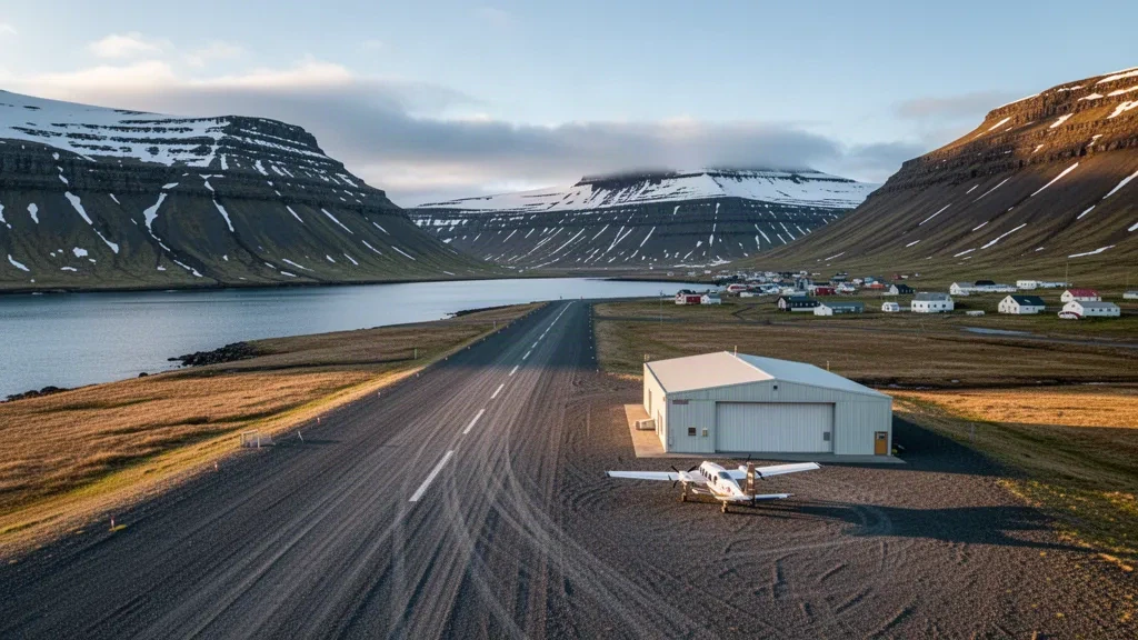 Siglufjörður Havaalanı'nda dik fiyort dağları ve yumuşak Kuzey ışığı altında durgun suyla çevrili küçük İzlanda çakıl pisti
