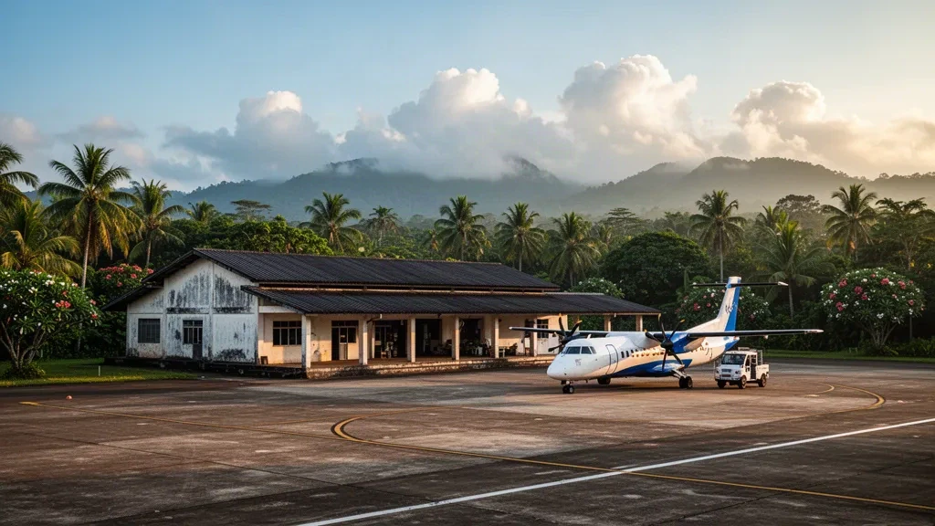 Tropical terminal building and apron at Sila Airport in Papua New Guinea with a parked turboprop aircraft and palm-lined surroundings