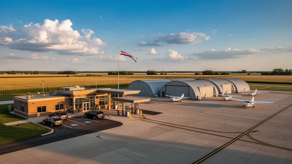 Pequeña terminal de aviación general, hangares y aeronaves ligeras en la plataforma del Aeropuerto Sikeston Memorial Municipal en Misuri