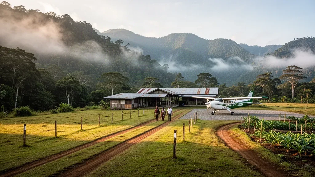 Piste en herbe isolée à l'aéroport de Simbai en Papouasie-Nouvelle-Guinée, encadrée par des crêtes brumeuses des hautes terres et une forêt tropicale humide