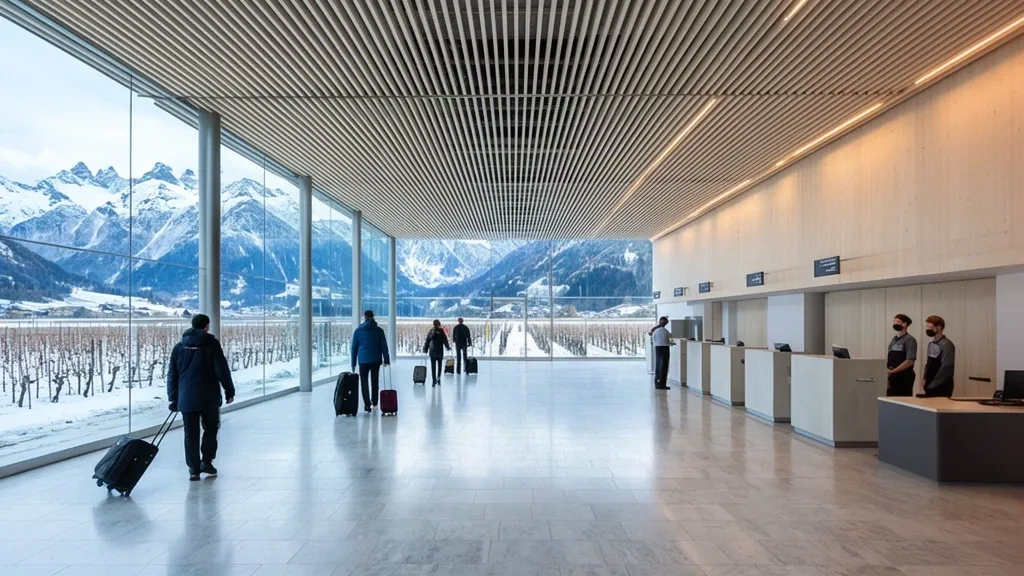 Bright Sion Airport SIR terminal interior in Valais, Switzerland, with check-in counters and Alpine mountain views beyond the glass