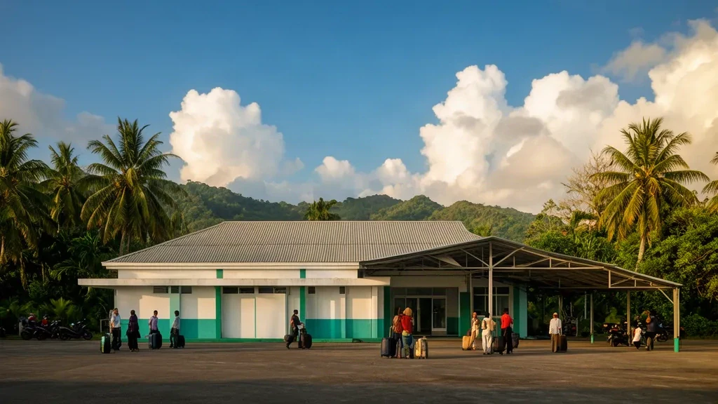 Travellers outside the small tropical terminal at Dabo Airport on Singkep Island, Indonesia, framed by palm trees in warm afternoon light