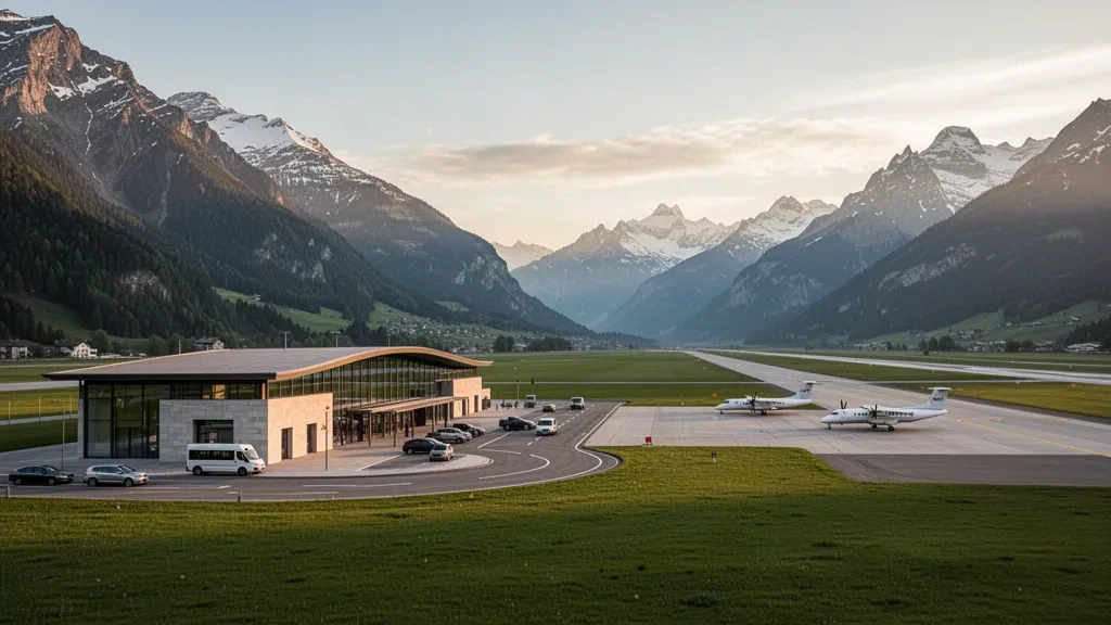 Modernes Terminal und Vorfeld am Flughafen Sion in den Walliser Alpen, Schweiz, mit schneebedeckten Gipfeln und einer Startbahn zur goldenen Stunde