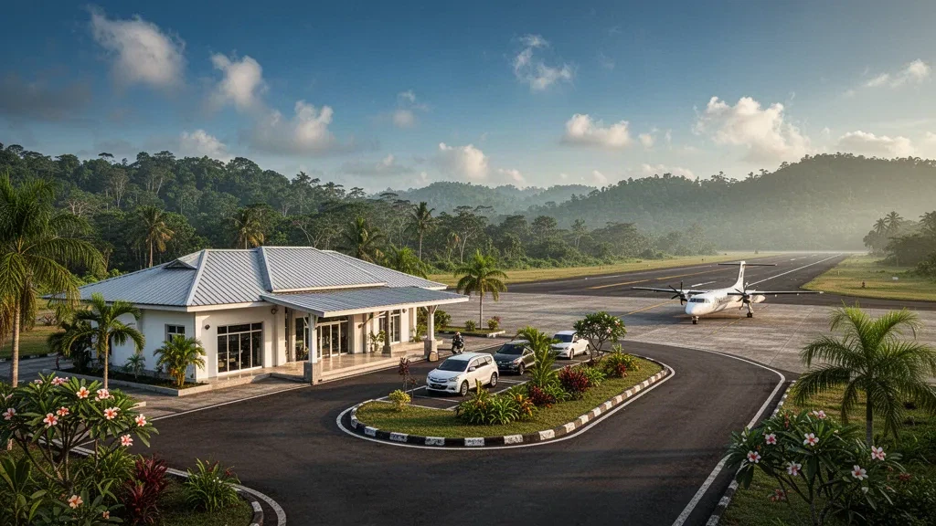 Terminal und Vorfeld eines Flughafens auf einer Tropeninsel auf Singkep Island in den indonesischen Riau-Inseln im warmen Licht des späten Nachmittags