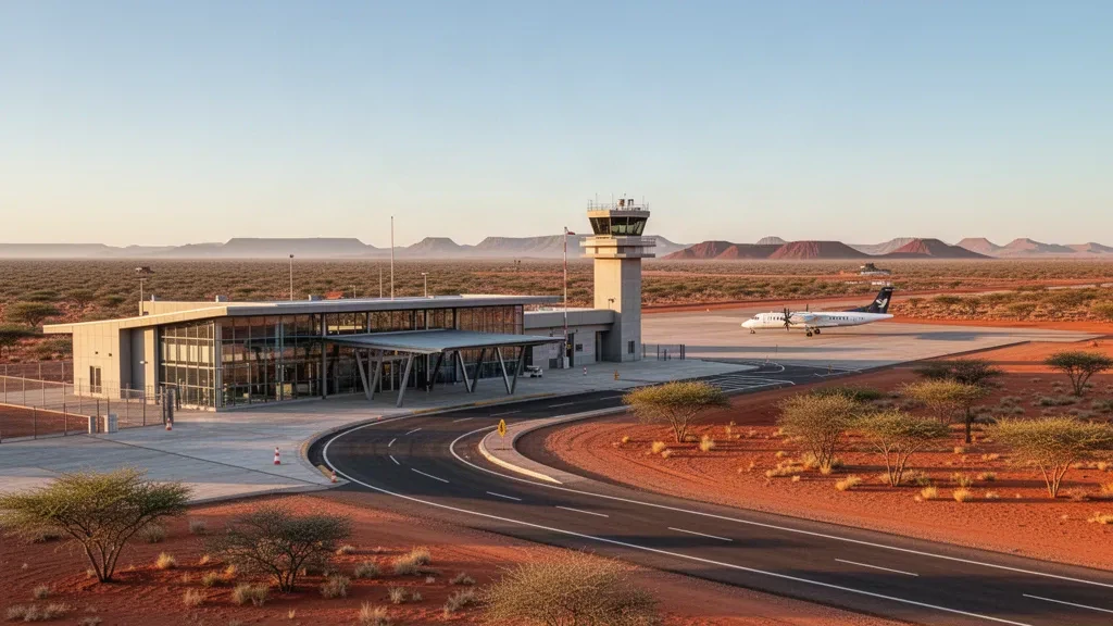 Piccolo terminal aeroportuale regionale a Sishen nel Kalahari del Northern Cape con un aereo in sosta durante l'ora d'oro