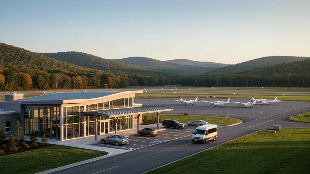 Pequeña terminal regional y plataforma de aeronaves en el Aeropuerto Internacional de Sullivan County, en las montañas Catskill, durante la hora dorada