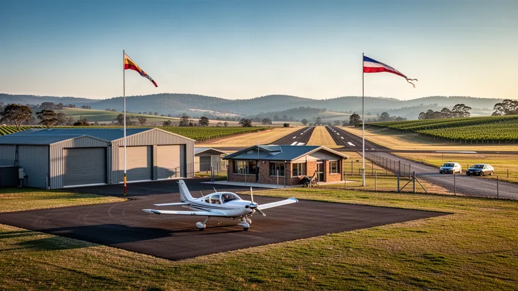 Regional airstrip, hangars and light aircraft at Singleton Airport in the Hunter Valley, New South Wales, at golden hour
