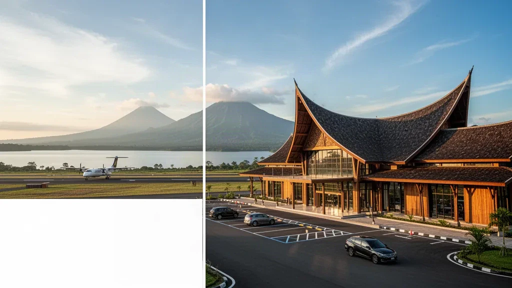 Moderno edificio terminal dell'Aeroporto di Sibisa con il Lago Toba e le montagne vulcaniche sullo sfondo nella luce dell'ora d'oro.