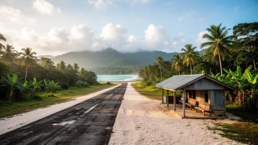 Kleines Holzterminal und tropische Start- und Landebahn am Flughafen Sissano an der West-Sepik-Küste von Papua-Neuguinea
