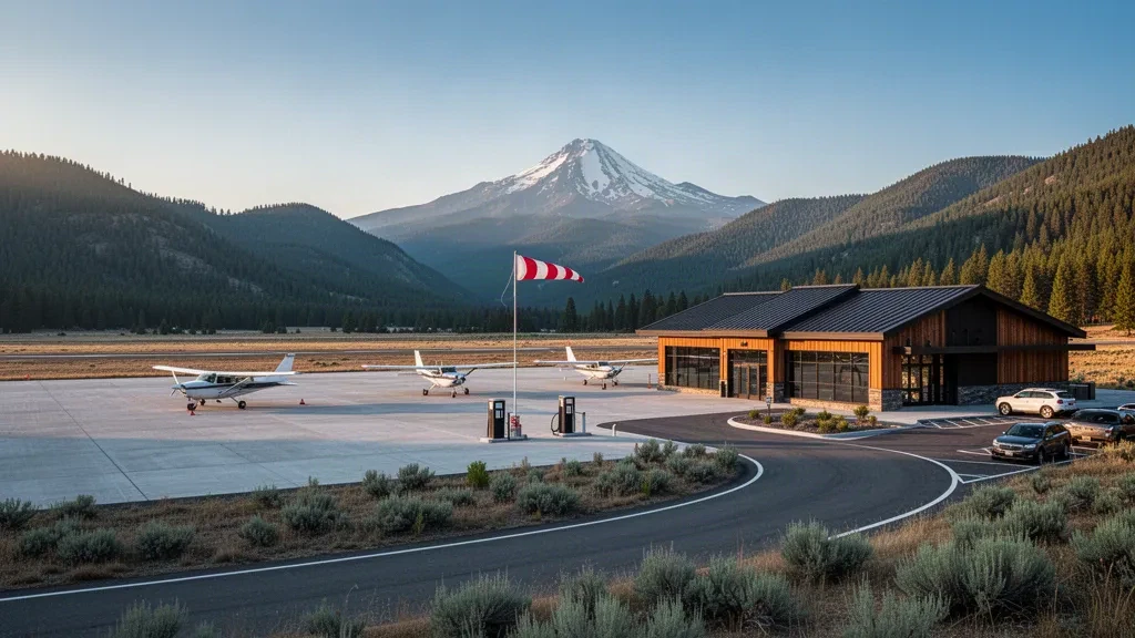 Montague, Kaliforniya yakınlarındaki Siskiyou County Havaalanı'nda küçük genel havacılık terminali ve apronu, pistin ötesinde yükselen Mount Shasta