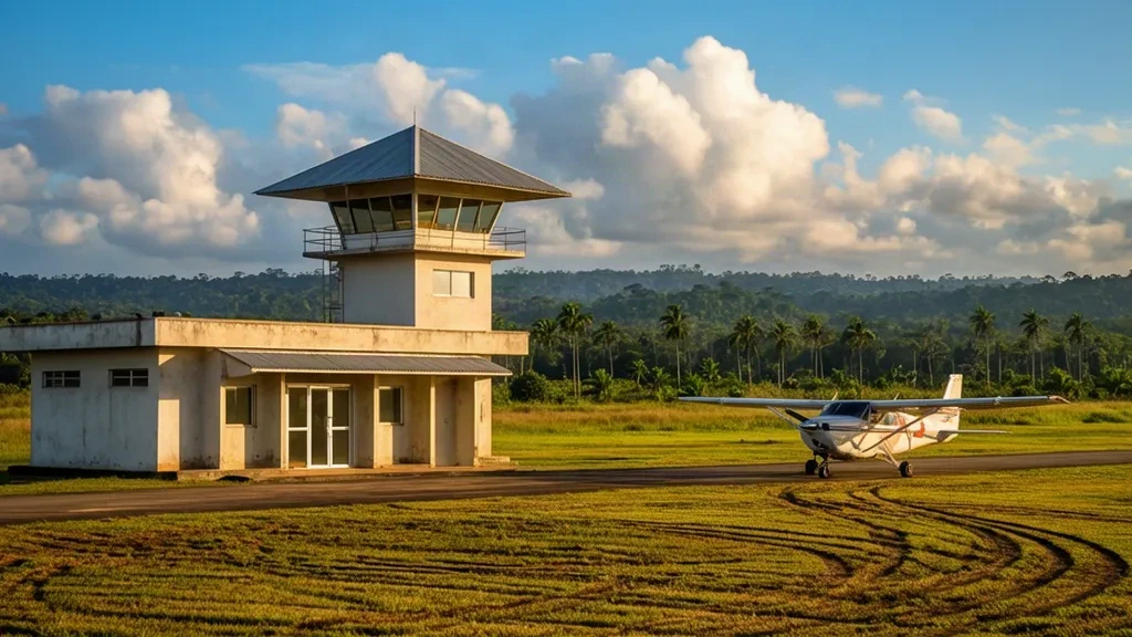 Kleines eingeschossiges Terminal und Kontrollturm am Flughafen San Joaquín SJB im bolivianischen Beni-Tiefland, mit einem Kleinflugzeug auf dem grasbewachsenen Vorfeld