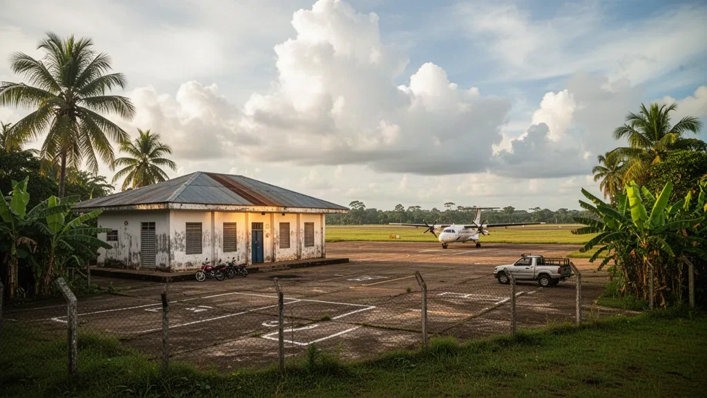 Terminal tropical à un seul niveau et petite aire de stationnement à l'aéroport de San Joaquín, dans les basses terres du Beni en Bolivie, sous un ciel doré brumeux