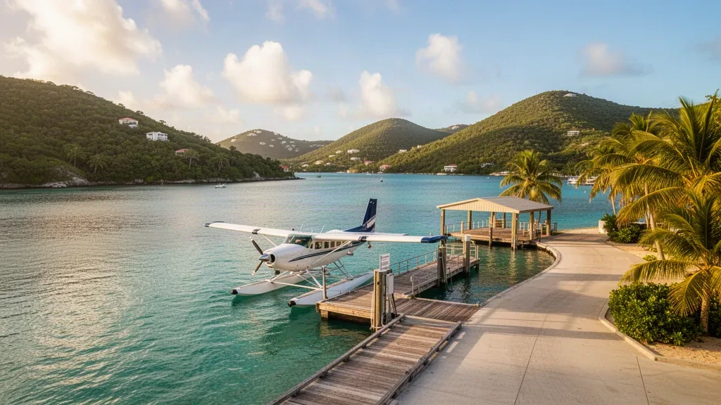 Seaplane moored at Cruz Bay Seaplane Base on Saint John, with turquoise Caribbean water and lush green hills in golden light.