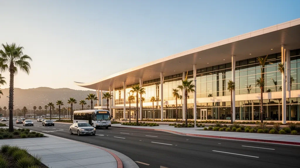 Terminal moderne en verre et voies de dépose en bordure de trottoir à l'aéroport international Norman Y. Mineta San Jose sous une chaude lumière dorée