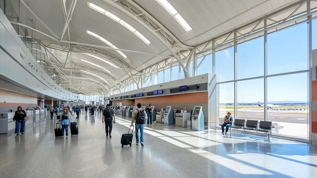 Interno moderno e luminoso del terminal dell'Aeroporto Internazionale Norman Y. Mineta San Jose con viaggiatori e aree di check-in in California