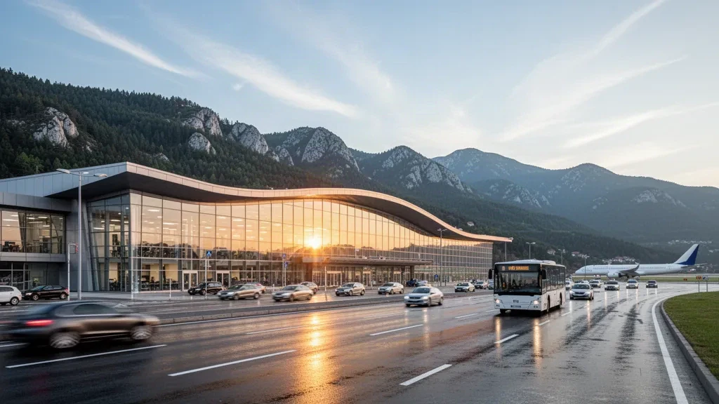 Modern glass terminal exterior at Sarajevo International Airport with the Dinaric Alps rising behind in warm golden-hour light