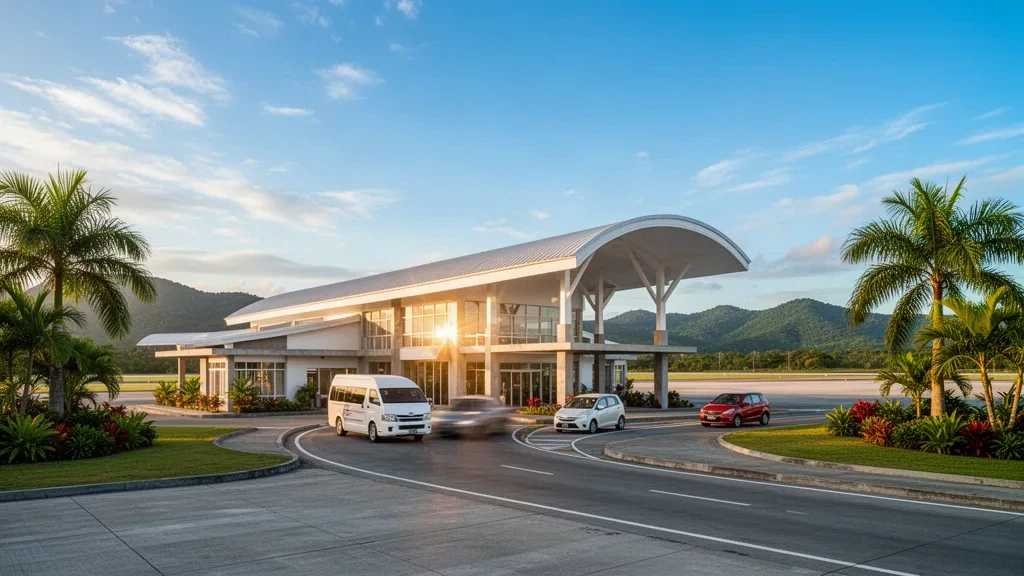 Occidental Mindoro'daki San Jose Havalimanı'nda palmiye ağaçları ve yeşil tepelerle çevrili alçak katlı tropikal terminal ve güneşli yolcu indirme şeridi