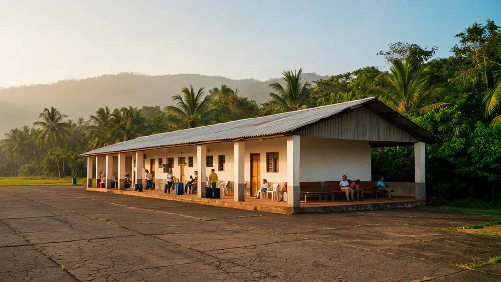 Piccolo edificio terminal regionale dell'aeroporto di San Juan del César SJH a Cesar, Colombia, con viaggiatori e vegetazione tropicale