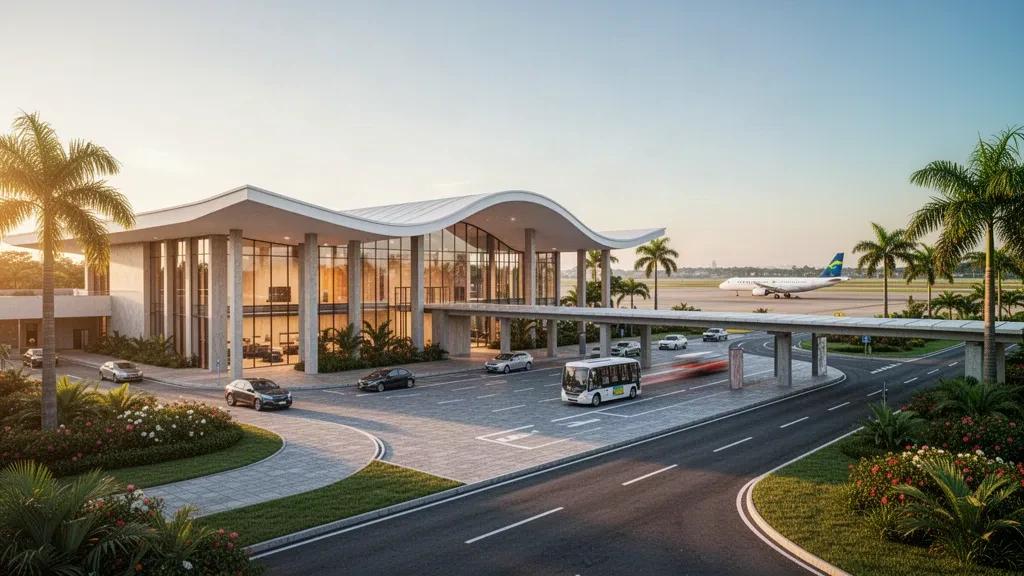 Modernes Glasterminal und Vorfahrtspur am Flughafen Professor Urbano Ernesto Stumpf in São José dos Campos zur goldenen Stunde