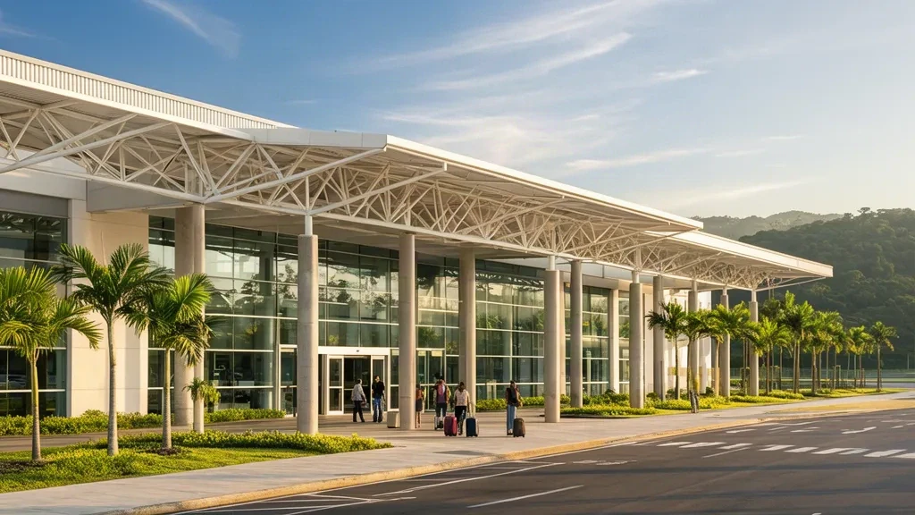 Extérieur moderne du terminal de l'aéroport Professeur Urbano Ernesto Stumpf à São José dos Campos, au Brésil, avec des voyageurs et un aménagement paysager tropical