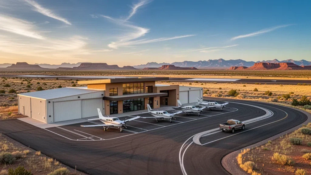 High-desert apron, hangars and runway at St Johns Industrial Air Park in Arizona under a wide golden-hour sky