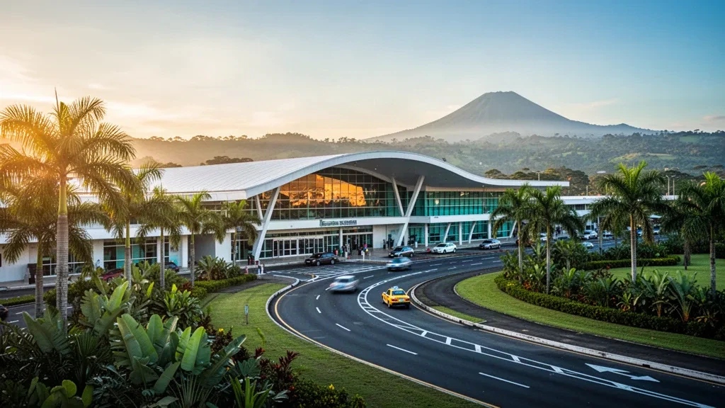 Modern glass terminal and curbside drop-off lane at Juan Santamaría International Airport in Costa Rica, framed by tropical palms at golden hour