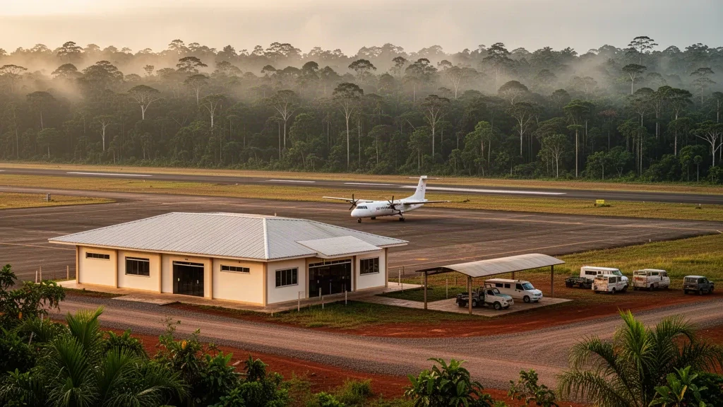 Piccolo terminal e pista amazzonici dell'aeroporto di São Gabriel da Cachoeira circondati da fitta foresta pluviale e foschia tropicale umida.