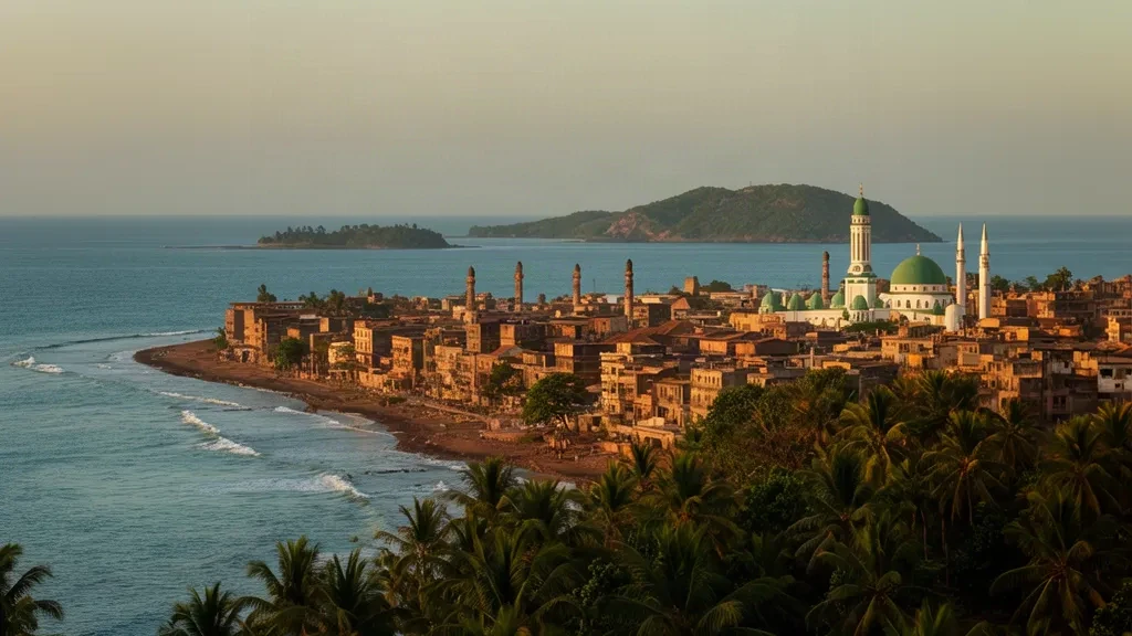 Golden-hour view over Conakry, Guinea, with palm-lined Atlantic coastline, city rooftops and large mosque minaret against a hazy sky