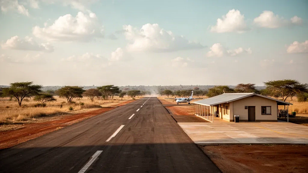 Small rural airstrip and modest terminal at Sesheke Airport in Zambia, framed at golden hour with surrounding bushland.