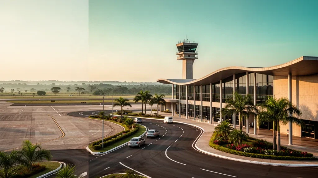 Terminal moderno in vetro e strada d'accesso curva presso l'aeroporto di São José do Rio Preto in Brasile durante una calda luce dorata