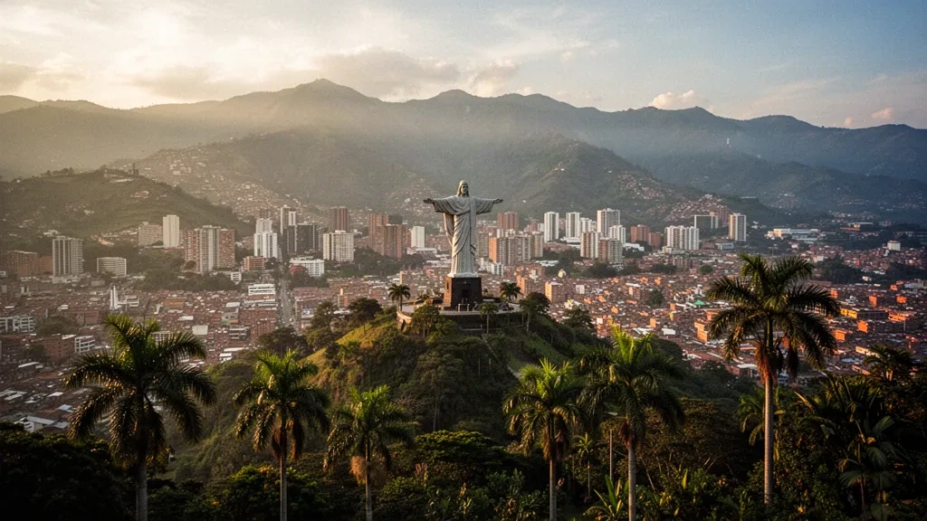 Statua del Cristo Rey che domina lo skyline di Cali e le montagne delle Ande nel Valle del Cauca, Colombia, durante l'ora d'oro